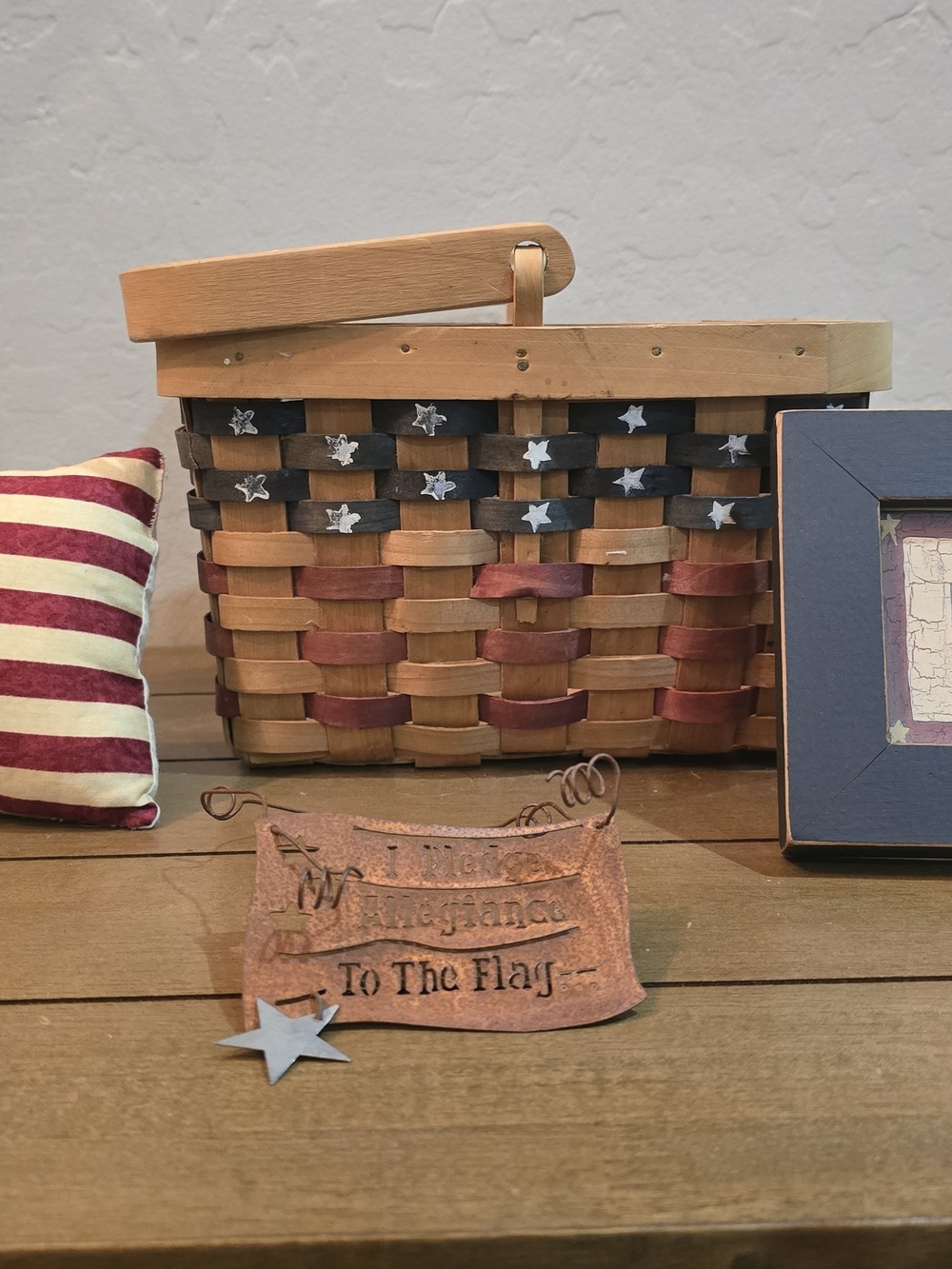 Woven Patriotic Basket with Handle - Natural, Red & Blue